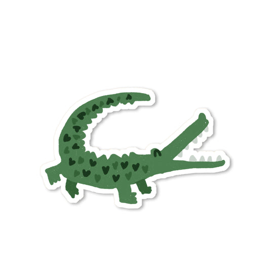Illustrated crocodile love sticker with smiling gator and heart-shaped spots, playful animal art by Miss Johnny Squirrel.