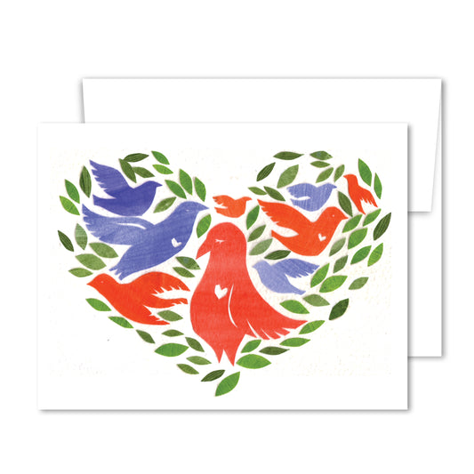 Greeting card with red and blue birds forming a heart shape, surrounded by green leaves in a hand-cut illustration style.