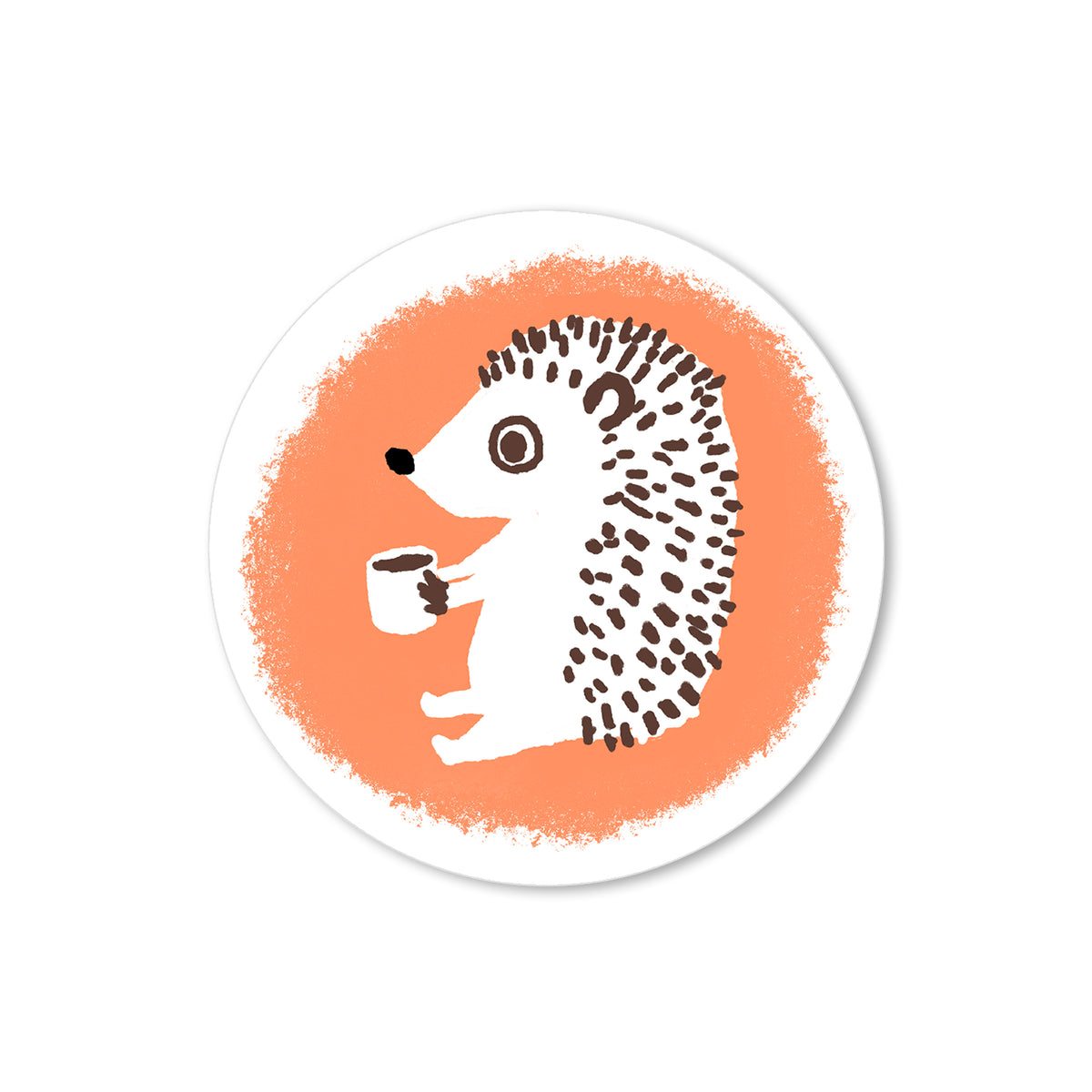 Hand-drawn hedgehog holding a coffee mug against a coral-orange background in a warm, whimsical illustration.