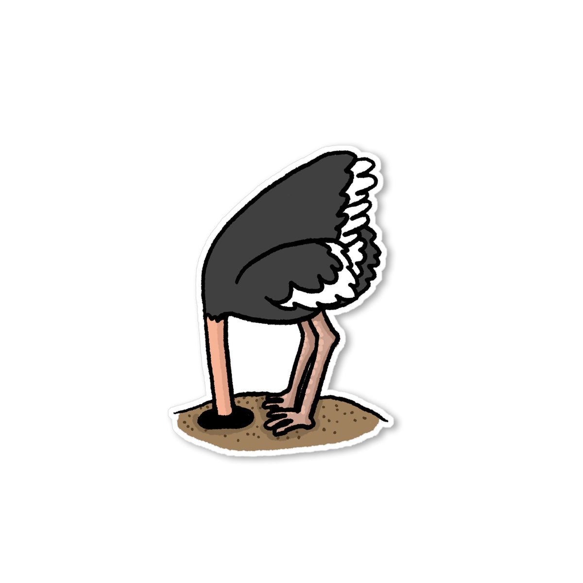 Illustrated ostrich head-in-the-sand sticker with playful hand-drawn bird art for humorous everyday moments.