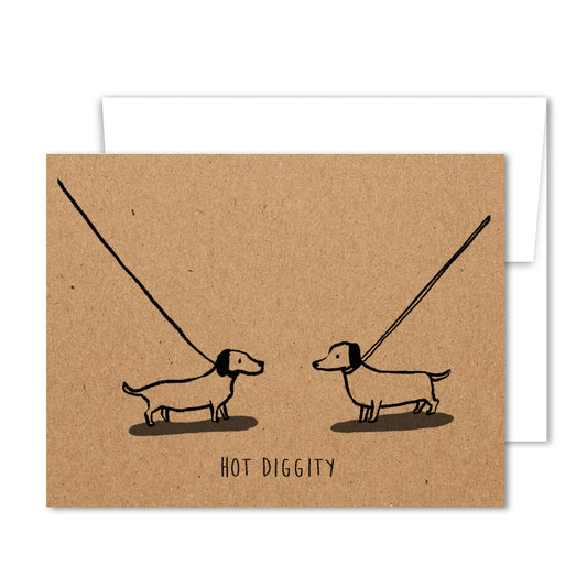 Whimsical dachshund greeting card with “Hot Diggity” text on kraft background.