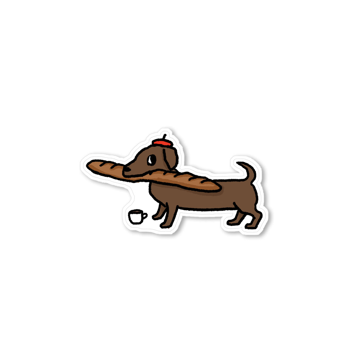 Hand-drawn dachshund Paris sticker with red beret, baguette, and coffee cup in a playful French-inspired illustration.