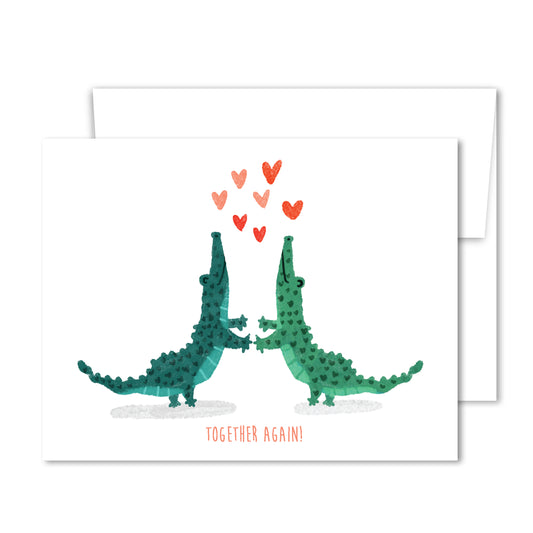 Alligator reunion greeting card with watercolor heart motif illustration
