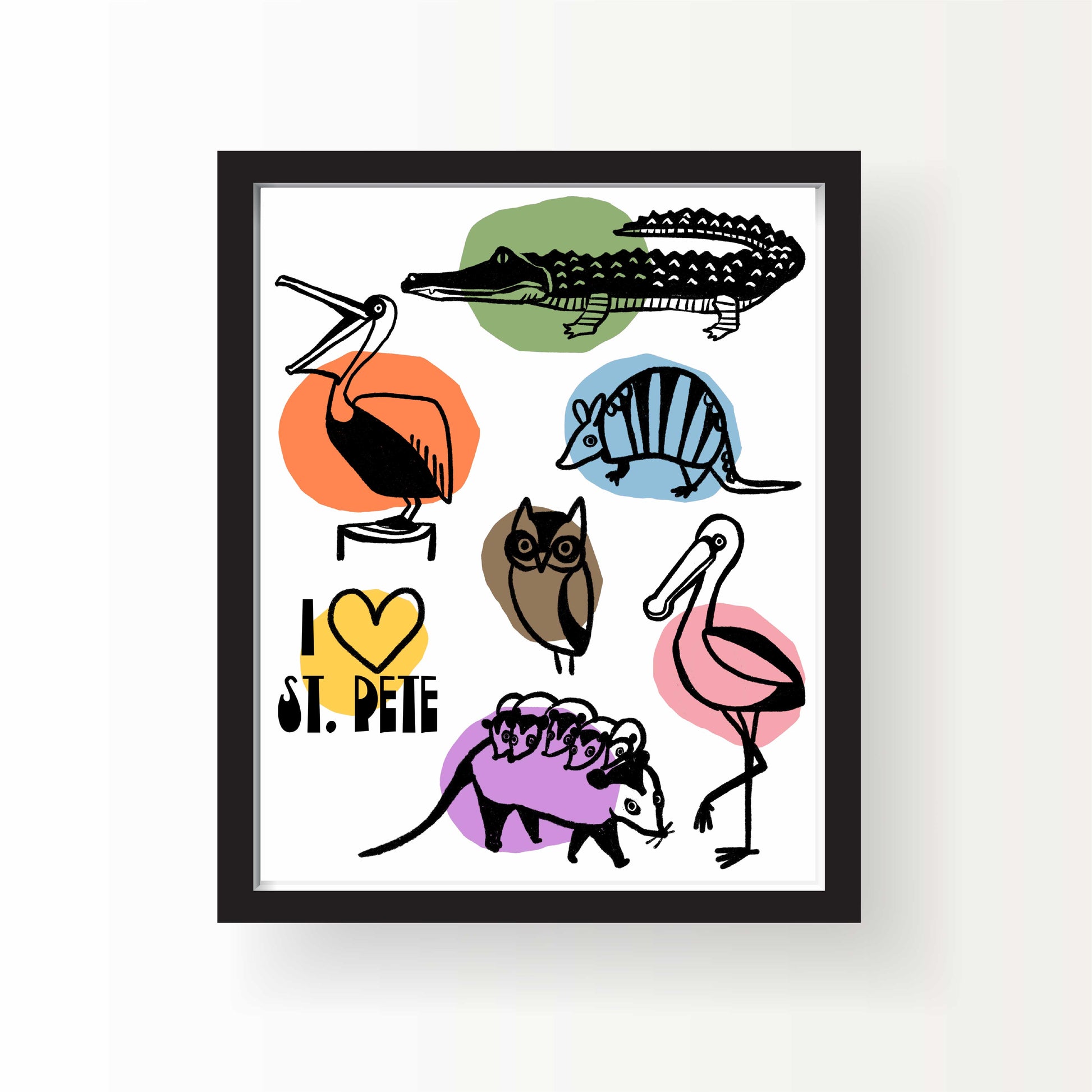 Illustration of Florida animals including an alligator, pelicans, owl, armadillo, and a possum with babies, with colorful shapes and the words "I ♥ St. Pete" on a white background.