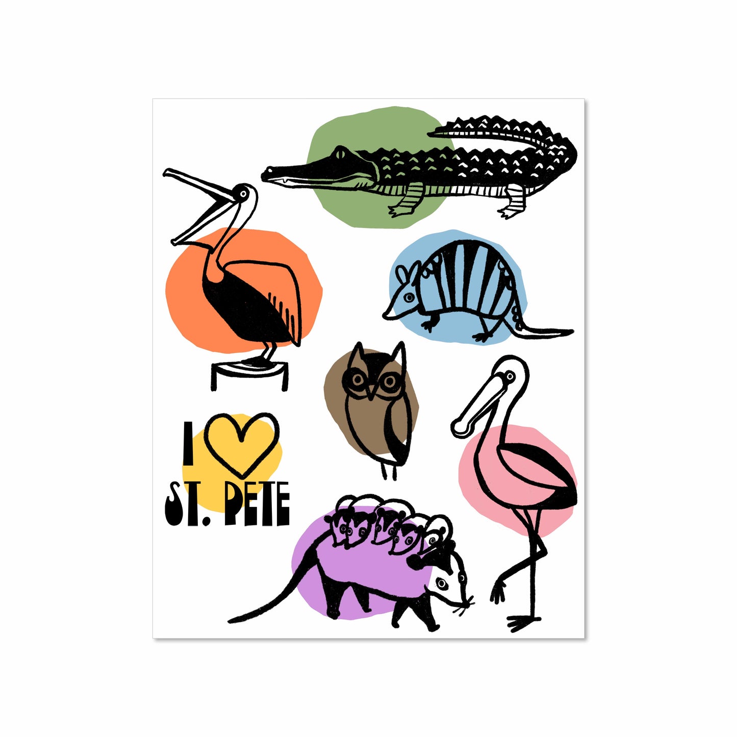 Illustration of Florida animals including an alligator, pelicans, owl, armadillo, and a possum with babies, with colorful shapes and the words "I ♥ St. Pete" on a white background.