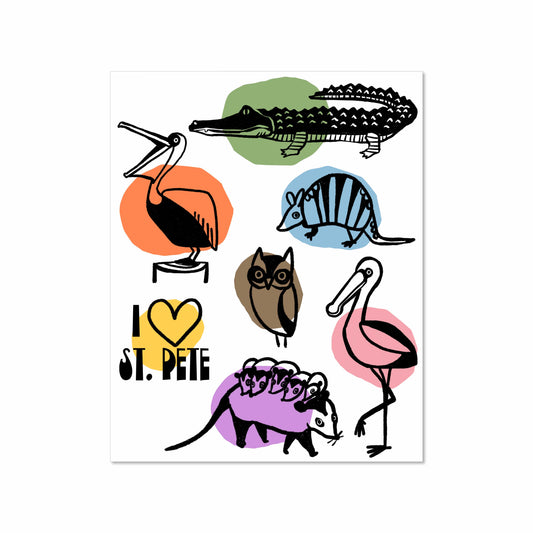 Illustration of Florida animals including an alligator, pelicans, owl, armadillo, and a possum with babies, with colorful shapes and the words "I ♥ St. Pete" on a white background.