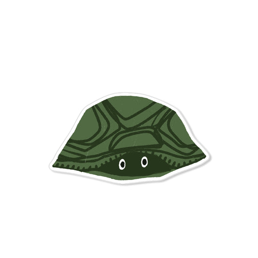 Whimsical turtle shell sticker with eyes peeking out, hand-drawn introvert illustration