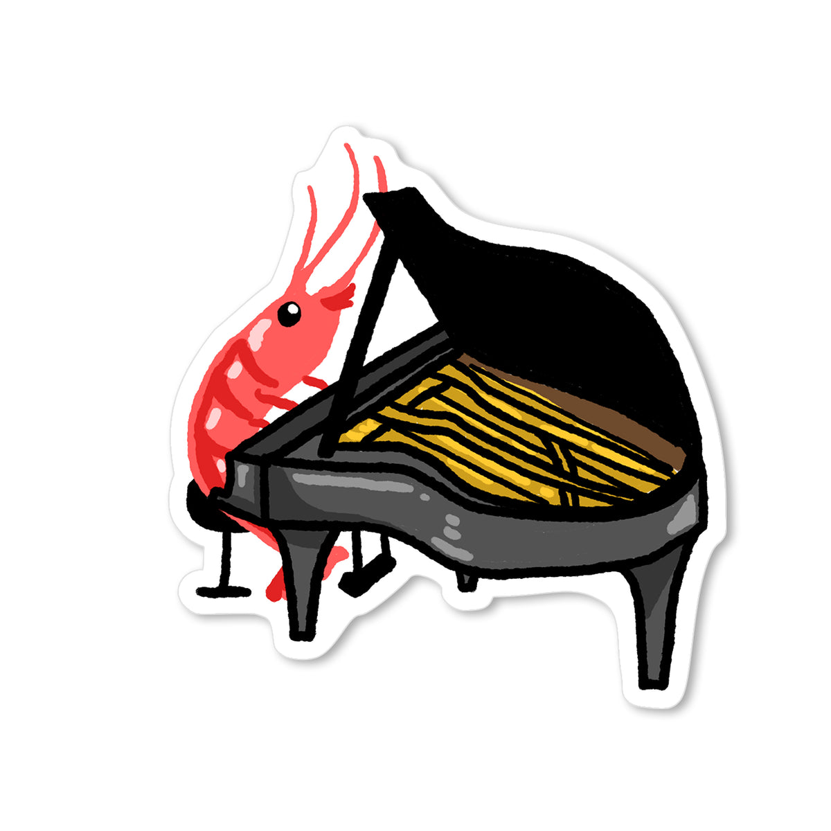 Hand-drawn coral shrimp playing jazz on a black grand piano in a whimsical musical illustration.
