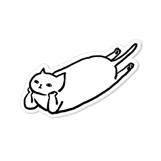 Pensive lounging cat sticker, stretched white cat resting chin on paws, hand-drawn illustration