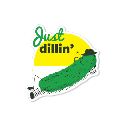 Just Dill sticker with lounging pickle wearing hat and yellow background, humorous hand-drawn food illustration