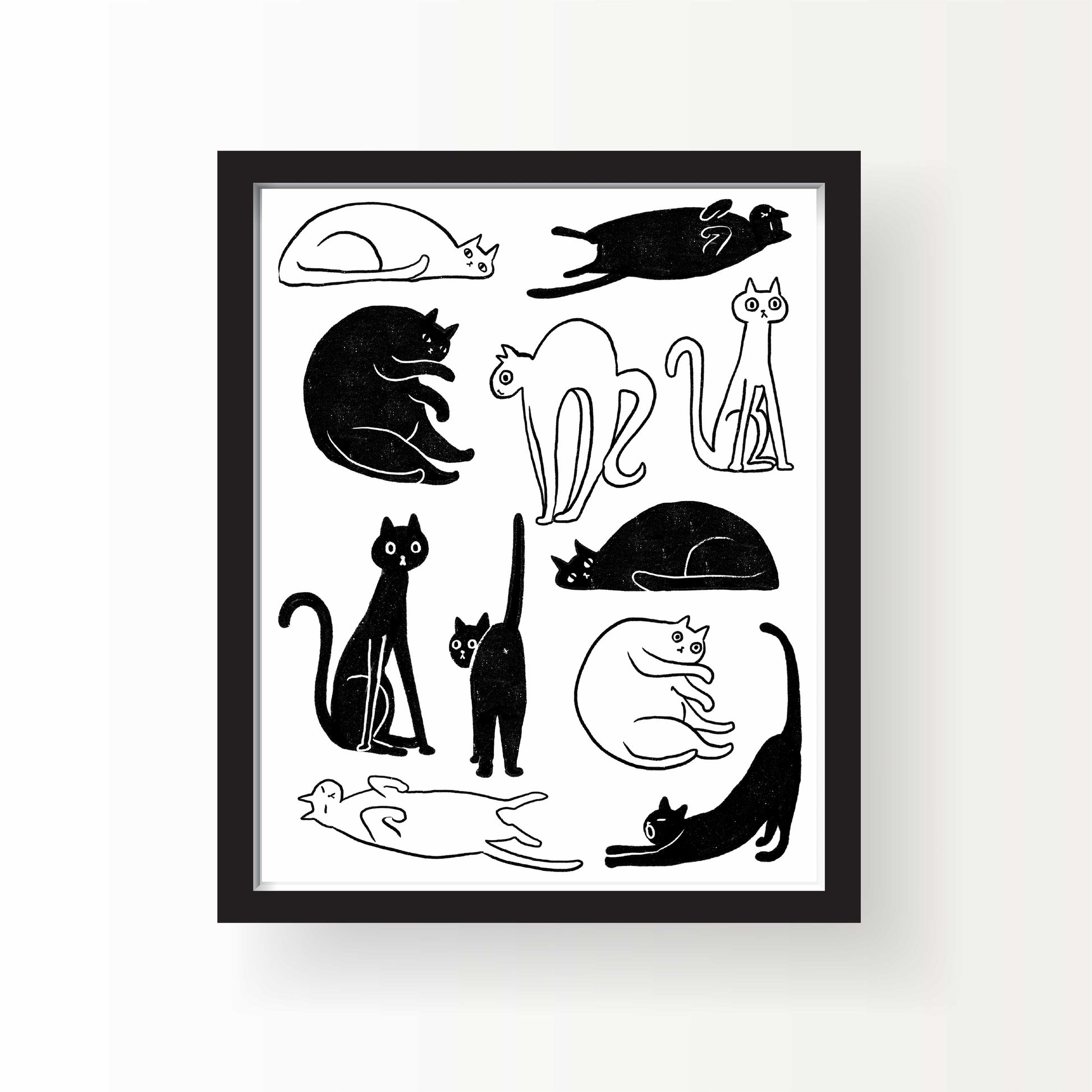 Black and white illustrated print featuring multiple lounging and stretching cats in various poses, 8x10 by Miss Johnny Squirrel
