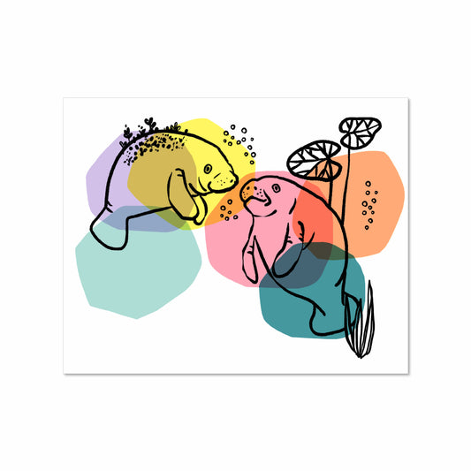 Illustration of two manatees outlined in black floating in overlapping soft pastel shapes, in a landscape format on white background.