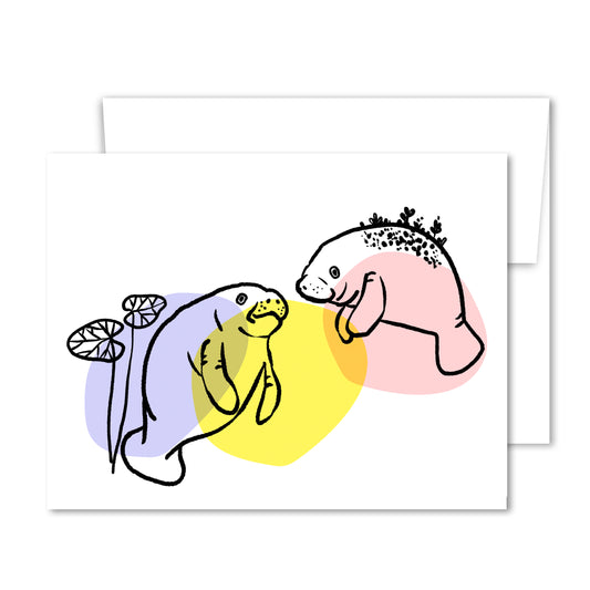 Greeting card with two manatees illustrated in soft line art and pastel watercolor shapes, with water lilies—symbolizing friendship and connection.