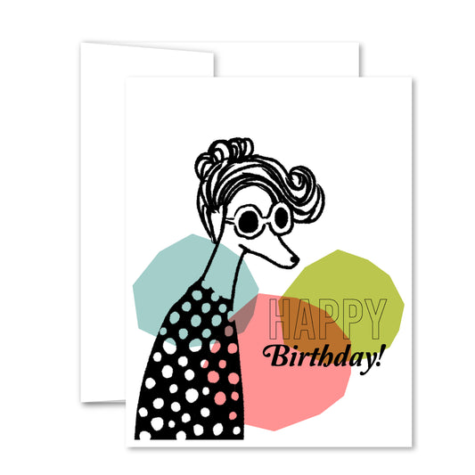 Illustration of a stylish greyhound in polka-dot dress and sunglasses with “Happy Birthday” text on a retro-inspired greeting card.