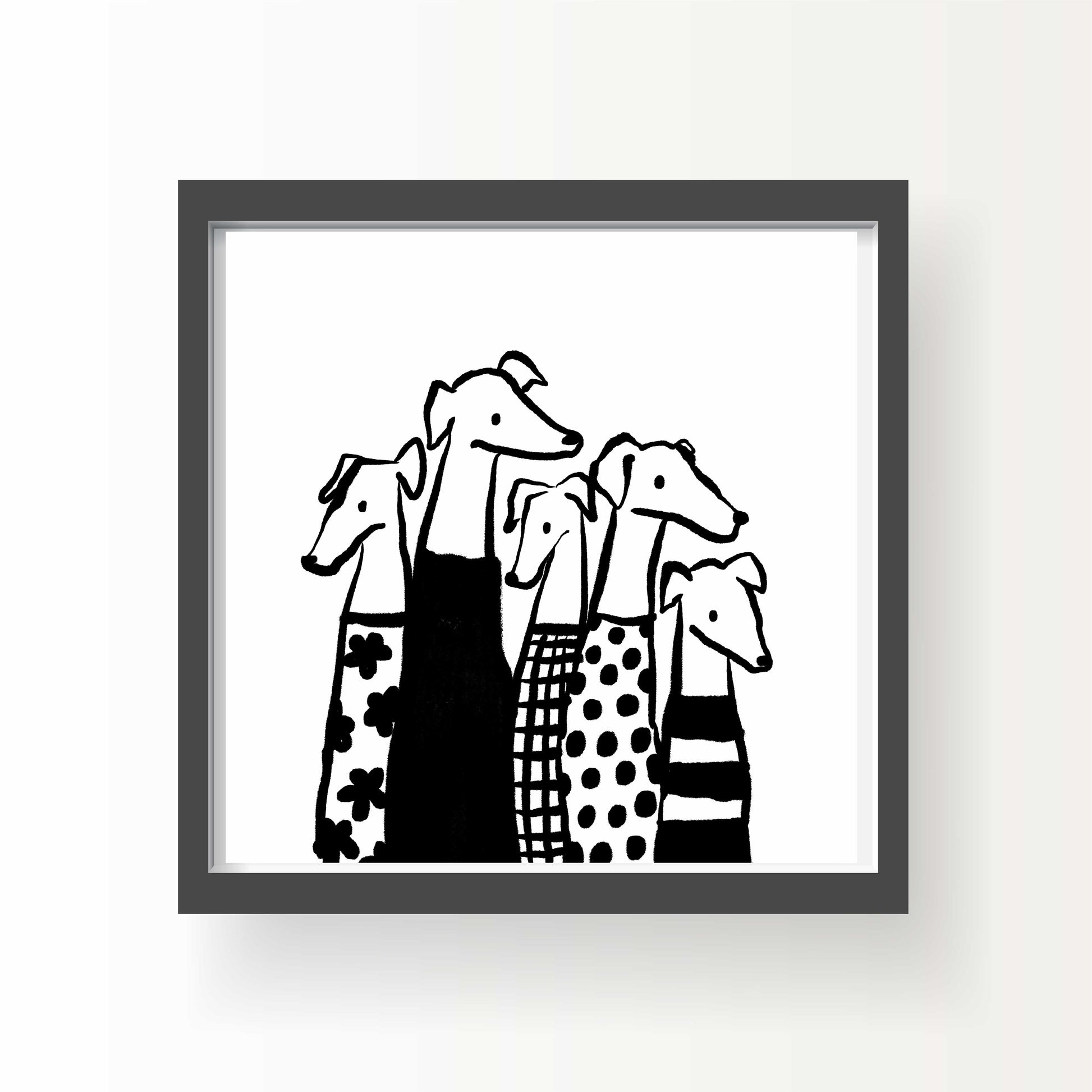 Black and white illustration of five greyhound-style dogs in patterned sweaters, 8x8 art print by Miss Johnny Squirrel