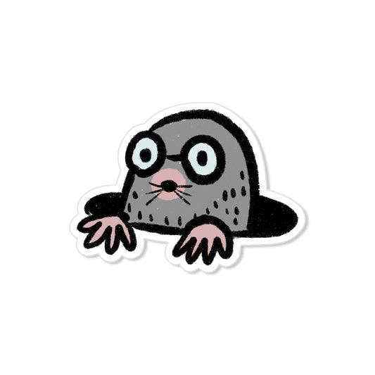 Burrowed mole sticker with glasses peeking from hole, hand-drawn animal illustration