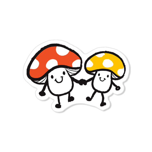 Whimsical mushroom friends sticker with two spotted mushrooms holding hands, hand-drawn illustration