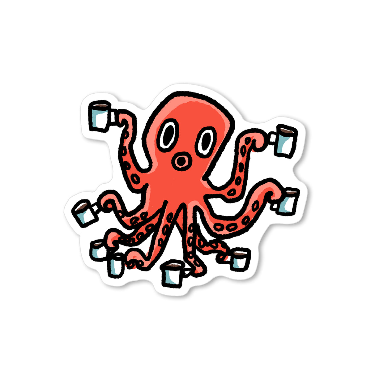 Hand-drawn coral octopus holding eight small coffee mugs in a whimsical illustration for coffee lovers.