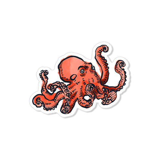 Octopus sticker with red body and curling arms, hand-drawn sea creature illustration