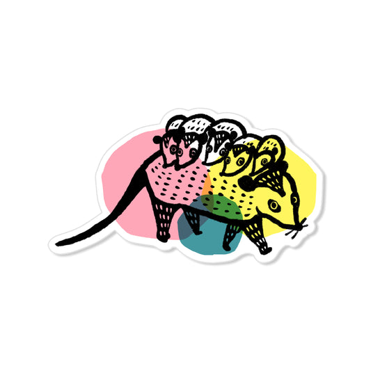 Whimsical opossum sticker with babies on back and colorful dots, hand-drawn illustration