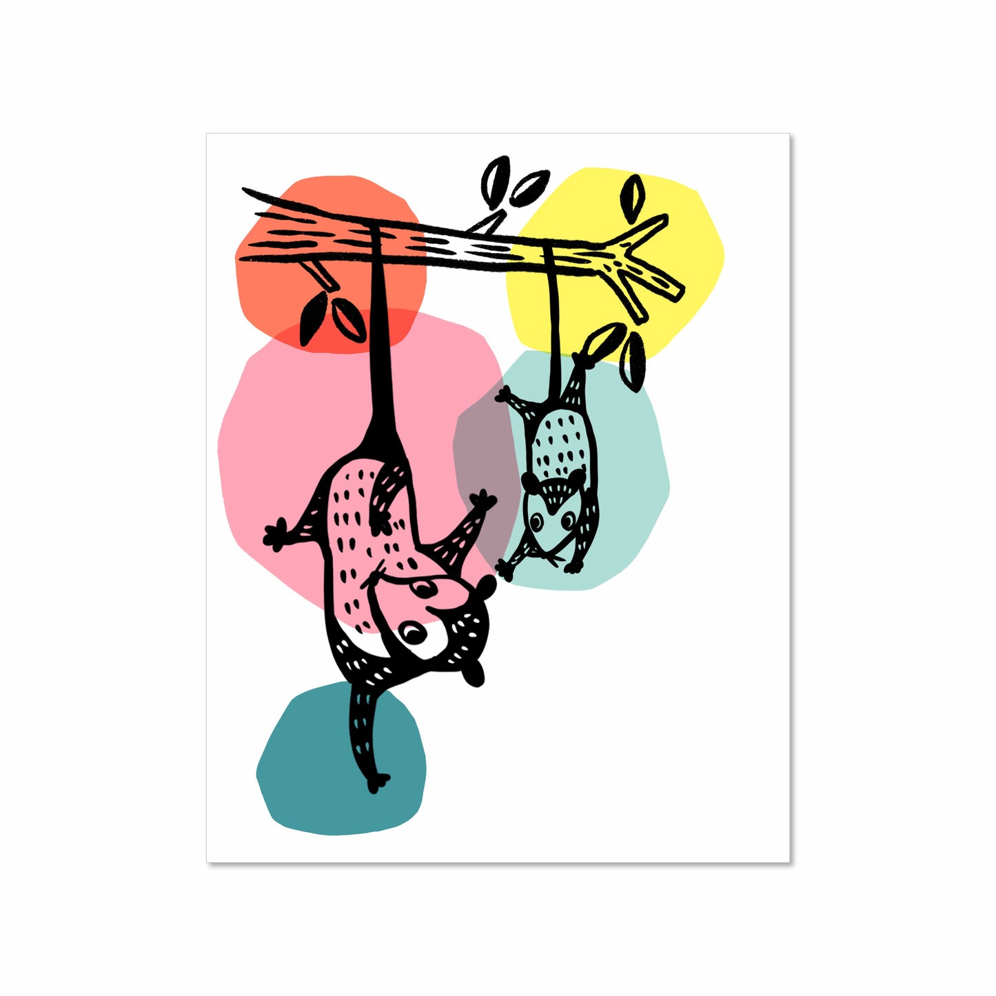 Illustration of two opossums hanging upside down from a tree branch, drawn in black ink over soft pastel-colored dots on a white background.