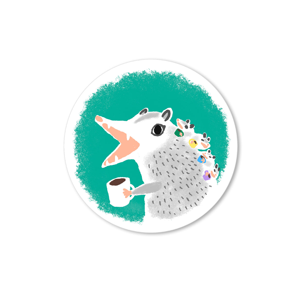 Illustrated opossum holding a coffee mug with four baby opossums riding on its back against a turquoise background.