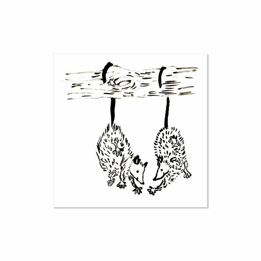 Black and white illustration of two opossums hanging upside down by their tails from a tree branch, gently reaching toward one another.