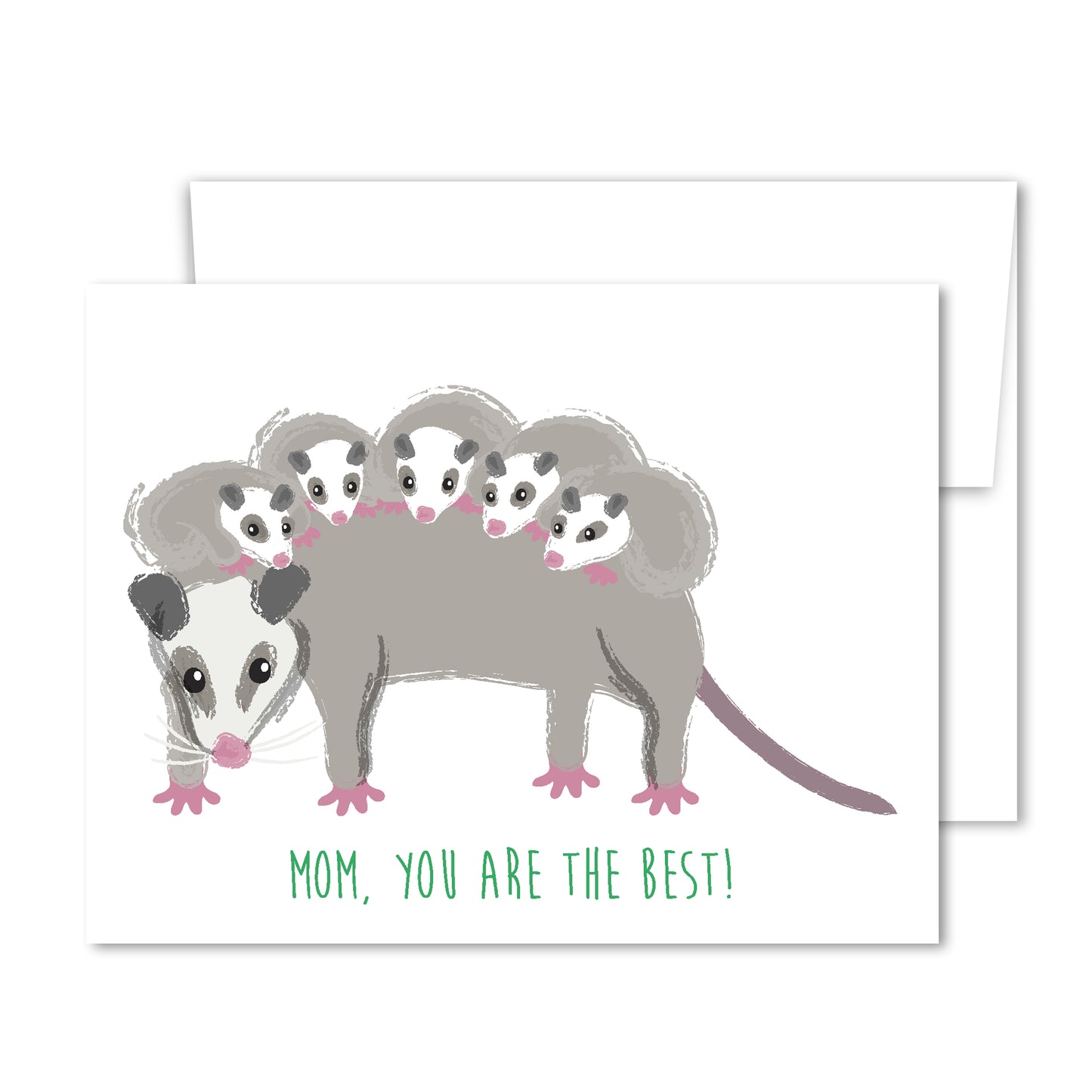 Whimsical illustrated Mother’s Day card with an opossum carrying four babies on her back and the message “Mom, You Are the Best!”