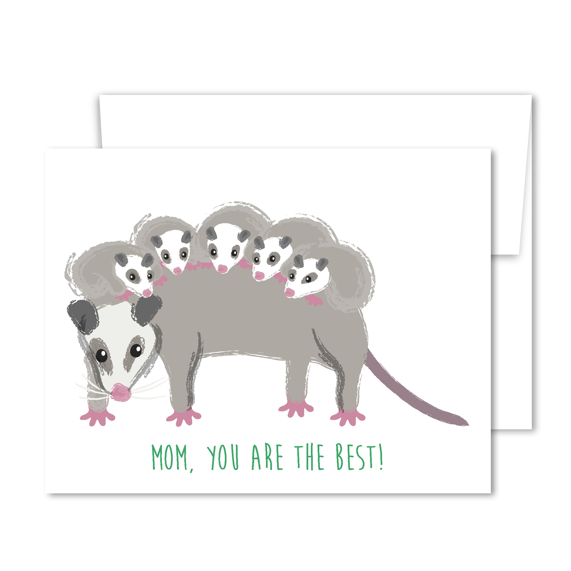 Whimsical illustrated Mother’s Day card with an opossum carrying four babies on her back and the message “Mom, You Are the Best!”