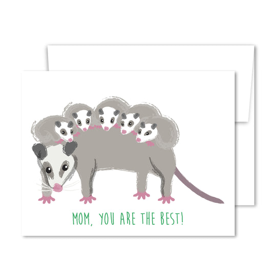 Whimsical illustrated Mother’s Day card with an opossum carrying four babies on her back and the message “Mom, You Are the Best!”