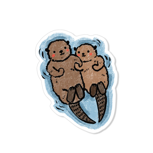 Otters sticker with two otters floating hand in hand on water, hand-drawn gentle illustration