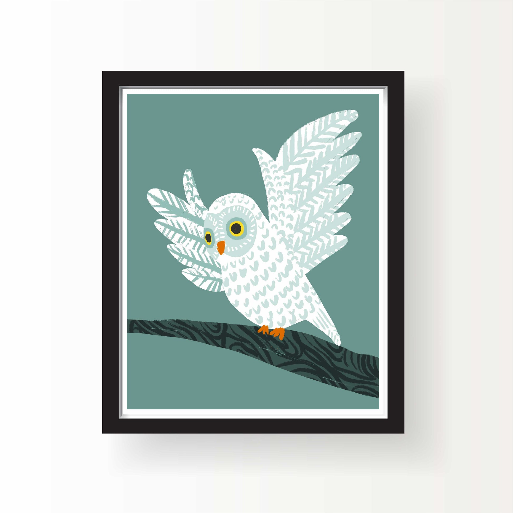 Illustration of a white owl with patterned wings perched on a dark branch against a muted blue-green background, 8x10 art print by Miss Johnny Squirrel