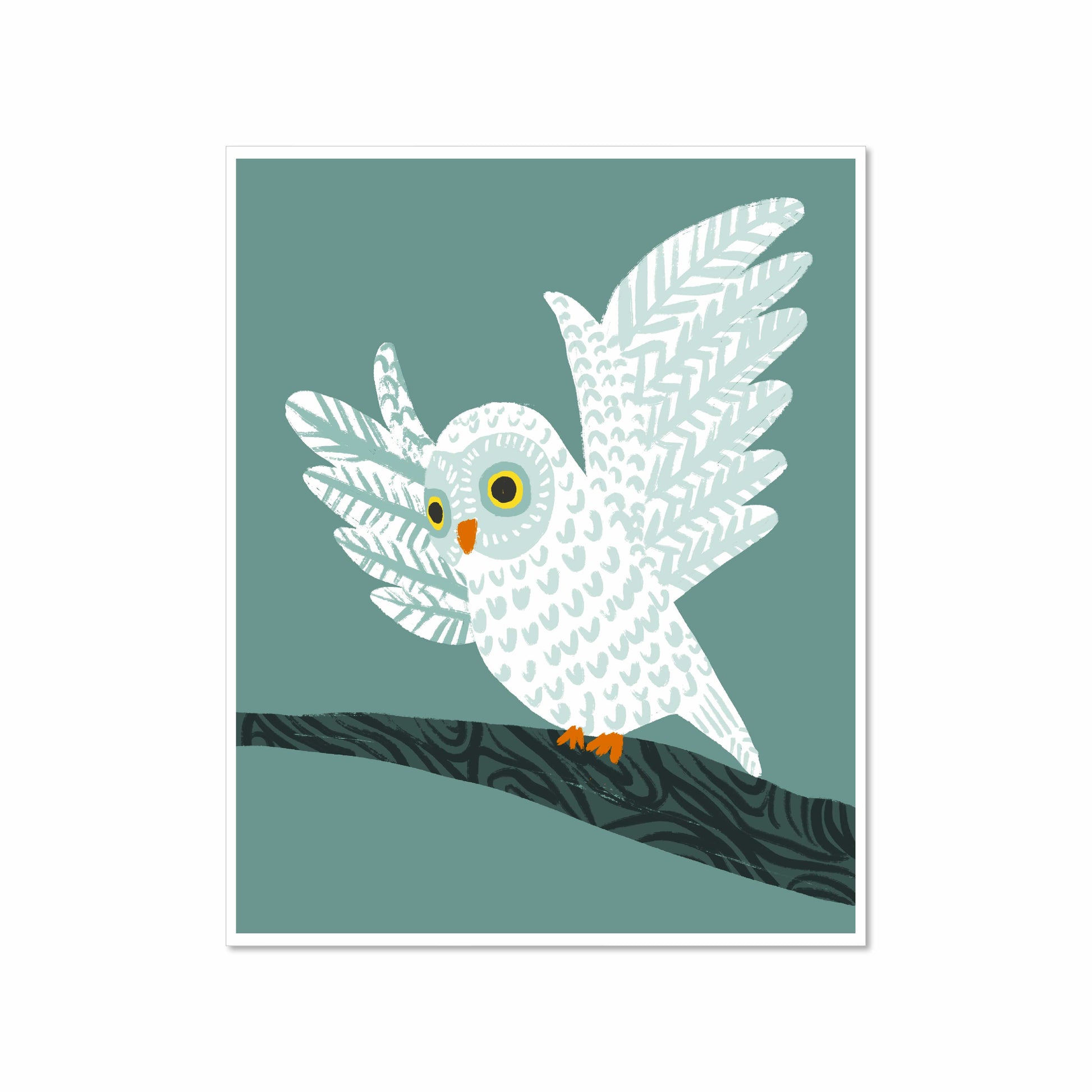 Illustration of a white owl with patterned wings perched on a dark branch against a muted blue-green background, 8x10 art print by Miss Johnny Squirrel