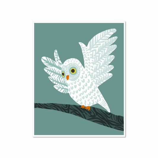 Illustration of a white owl with patterned wings perched on a dark branch against a muted blue-green background, 8x10 art print by Miss Johnny Squirrel