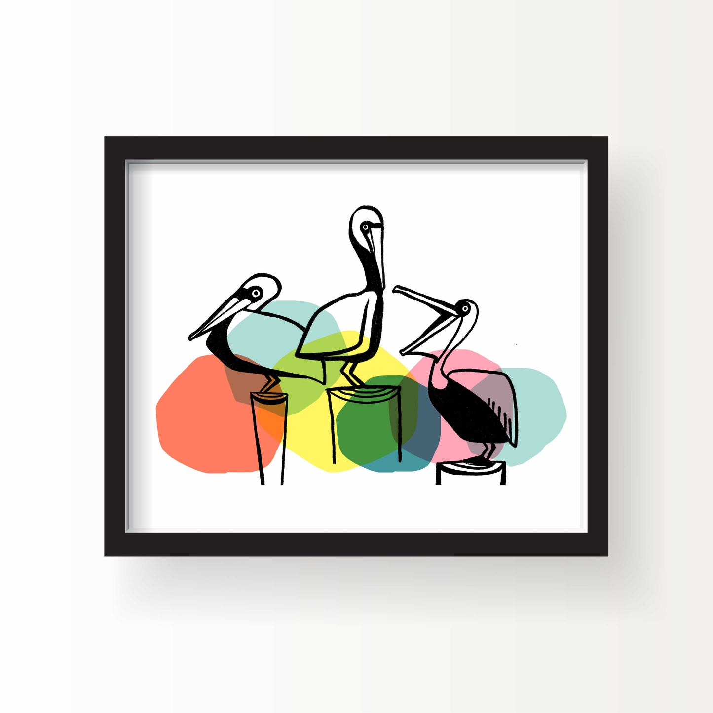 Illustration of three pelicans outlined in black sitting on dock pilings with overlapping pastel dots in coral, yellow, teal, and pink on a white background.
