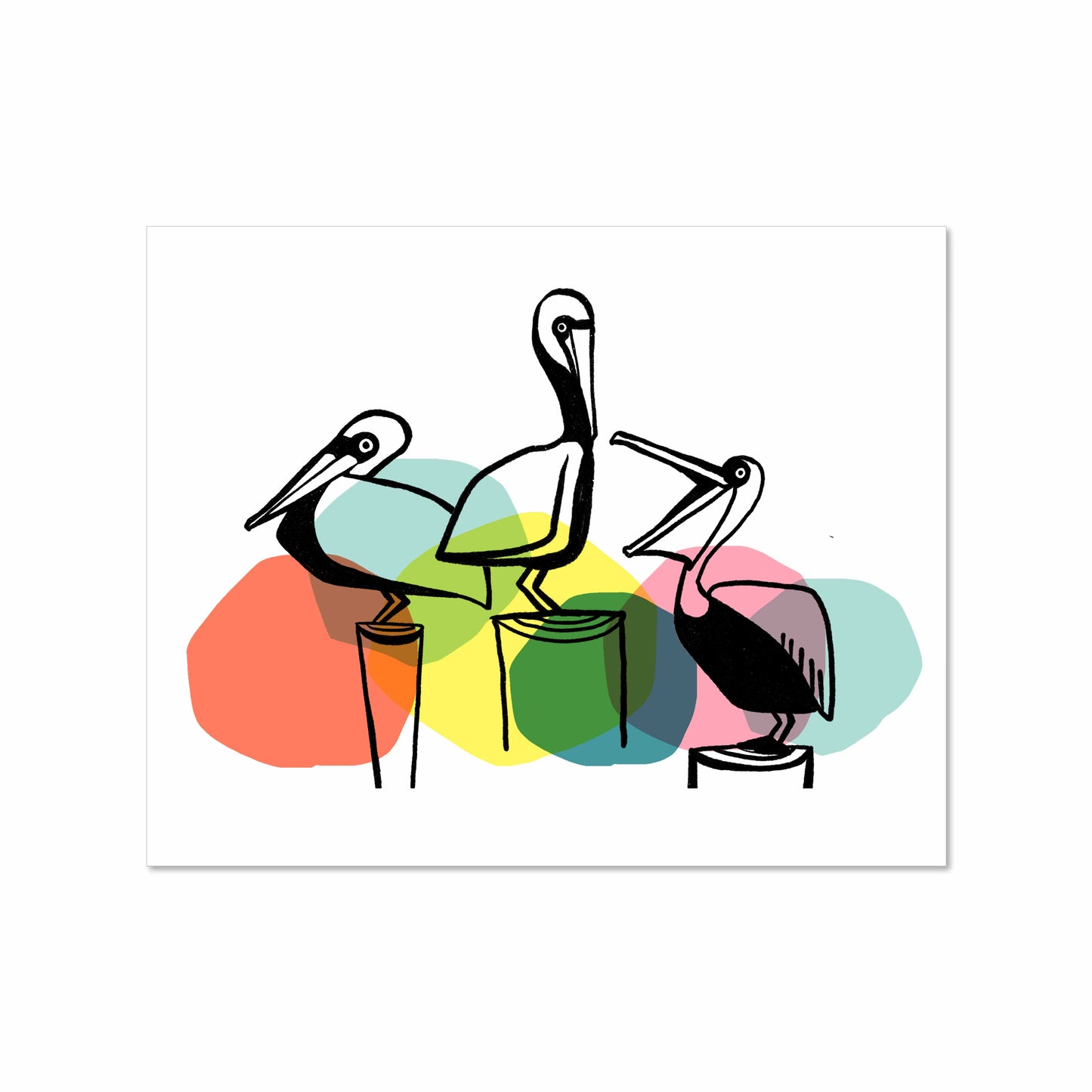 Illustration of three pelicans outlined in black sitting on dock pilings with overlapping pastel dots in coral, yellow, teal, and pink on a white background.