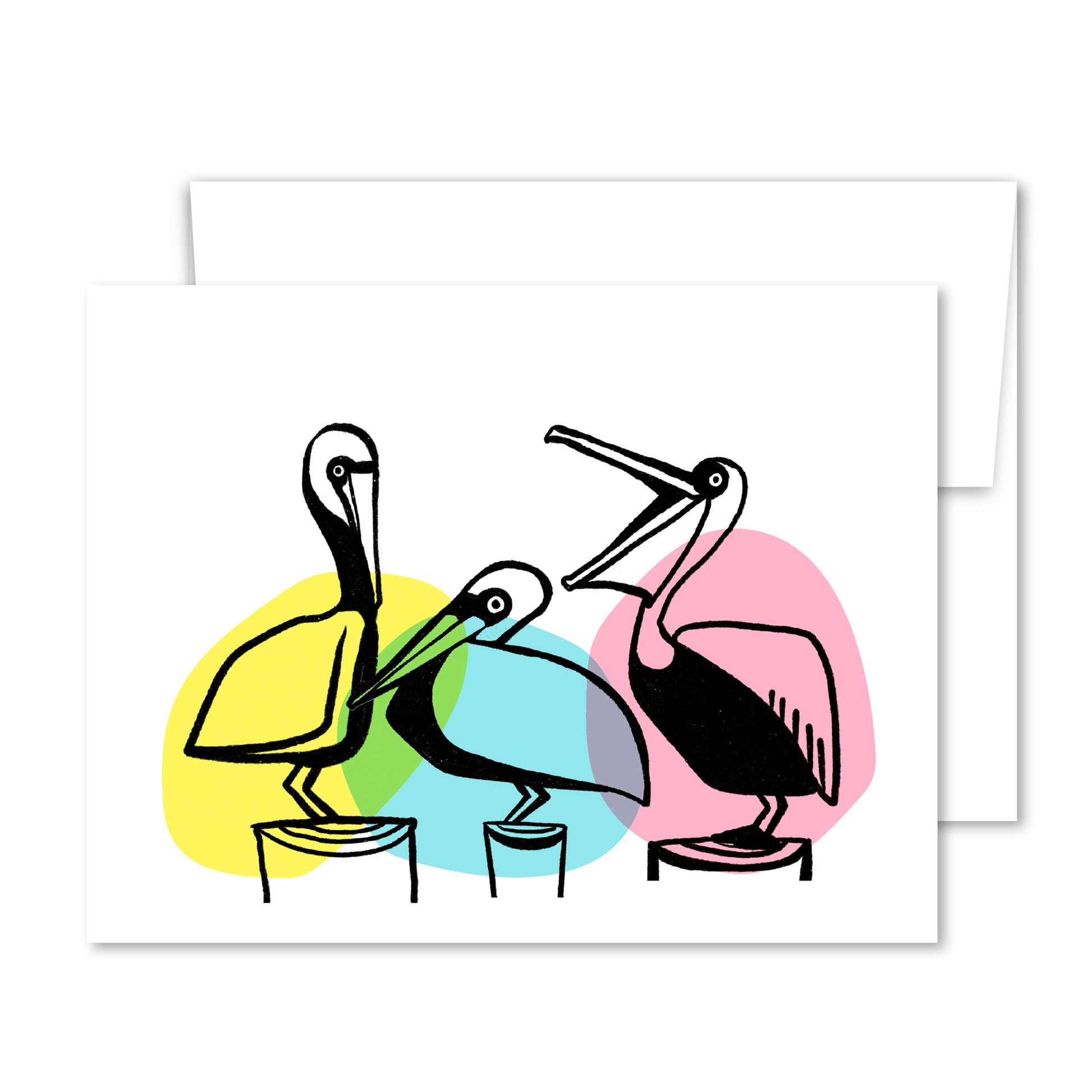 Greeting card with three pelicans illustrated in bold line art and bright watercolor-style shapes, perched on dock posts—symbolizing friendship and connection.