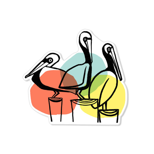 Pelican dots sticker with three pelicans perched on posts and colorful circles, hand-drawn coastal bird illustration