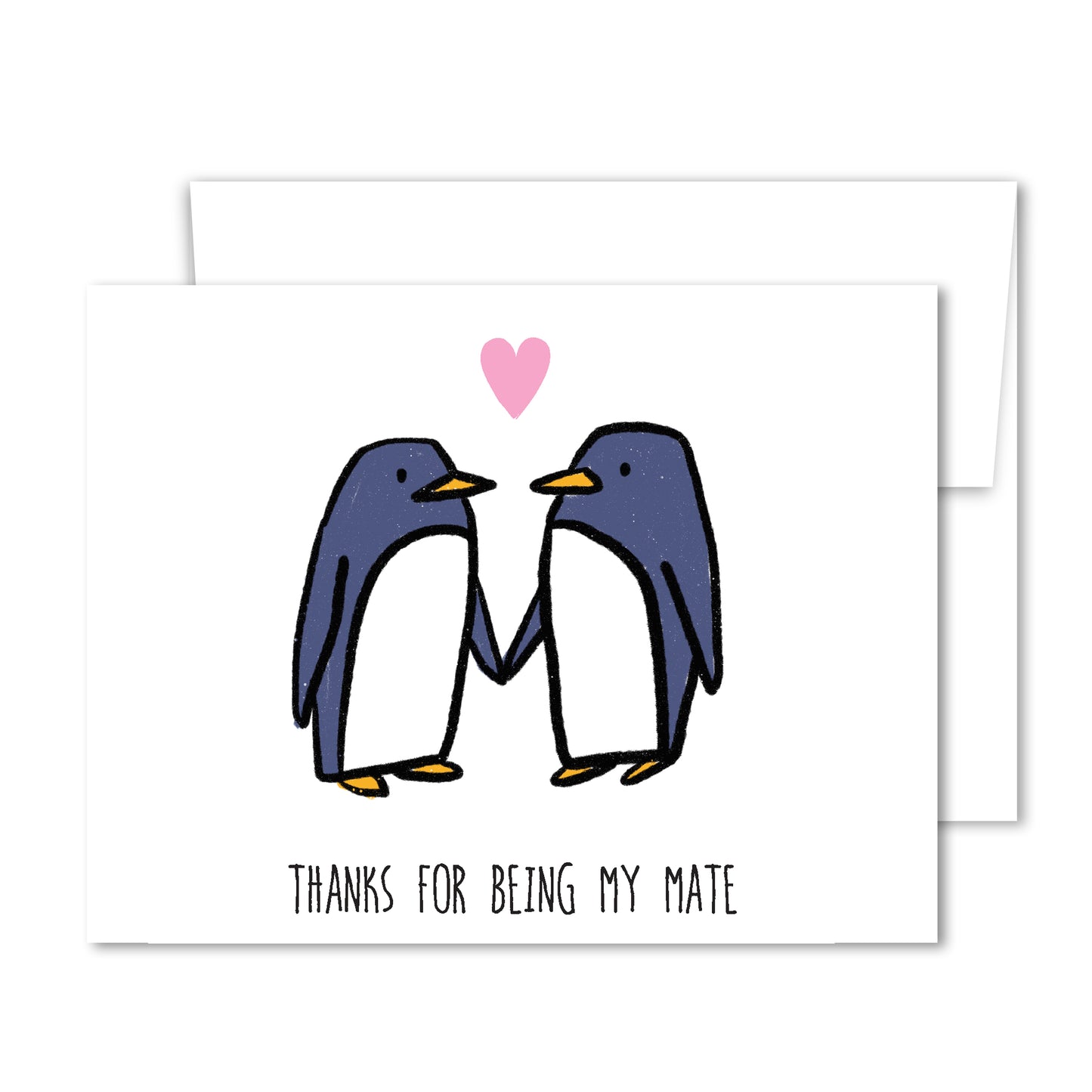 Two illustrated penguins holding flippers with a pink heart above, text “Thanks for being my mate” on friendship greeting card.