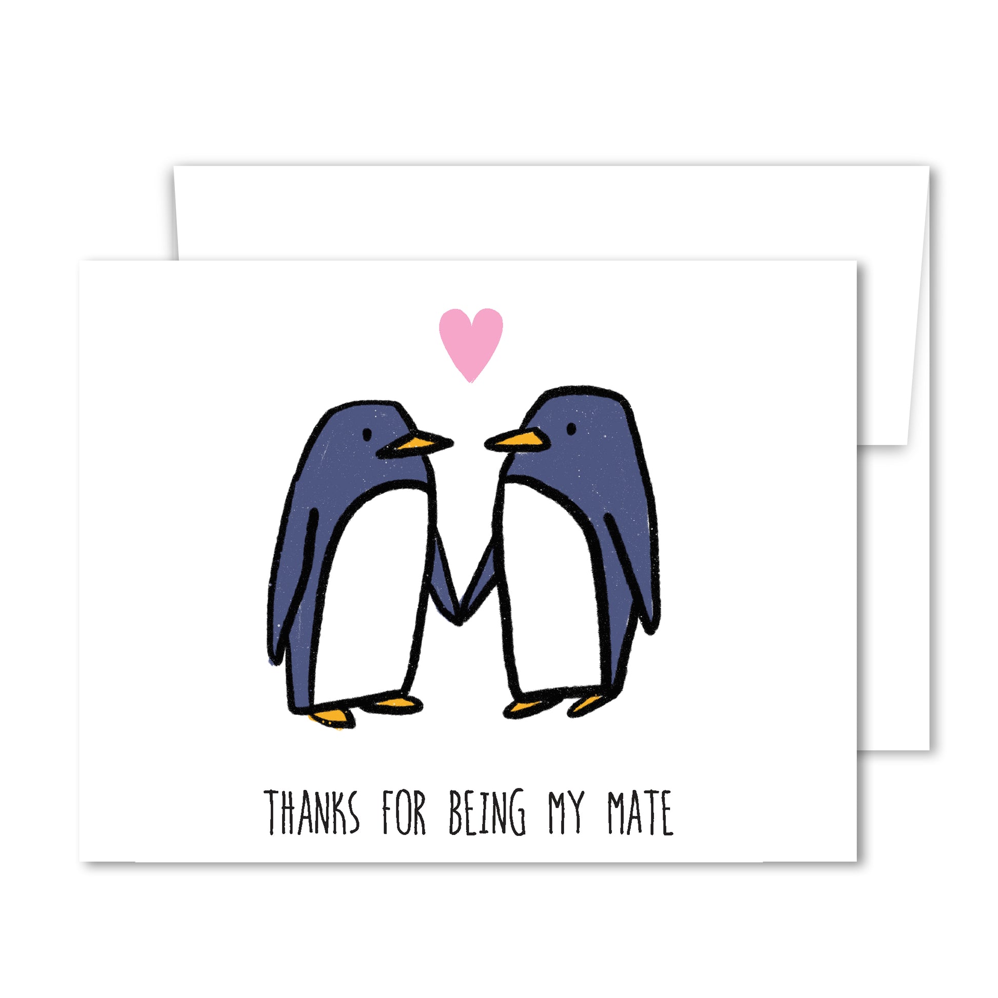 Two illustrated penguins holding flippers with a pink heart above, text “Thanks for being my mate” on friendship greeting card.