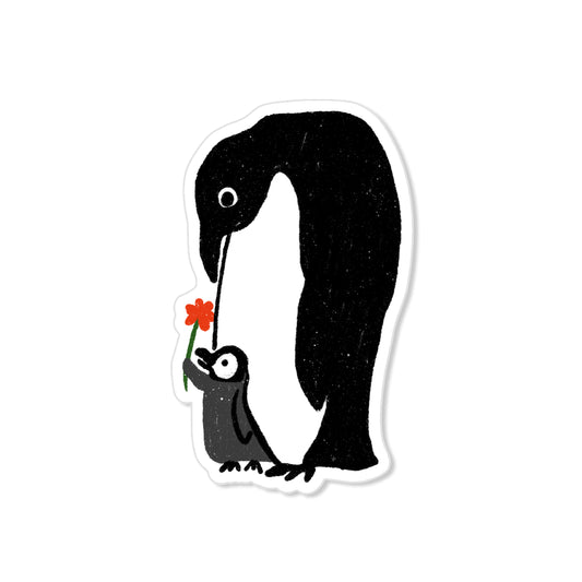 Penguin mom and baby sticker with chick holding flower, hand-drawn tender illustration