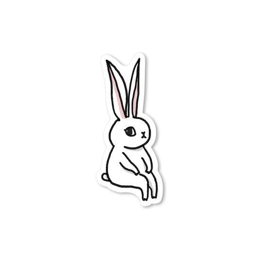 Hand-drawn white bunny sitting with long upright pink ears and feet stretched forward in a sweet minimalist illustration.