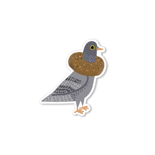 Pigeon bagel sticker with gray pigeon wearing bagel around neck, humorous hand-drawn bird illustration