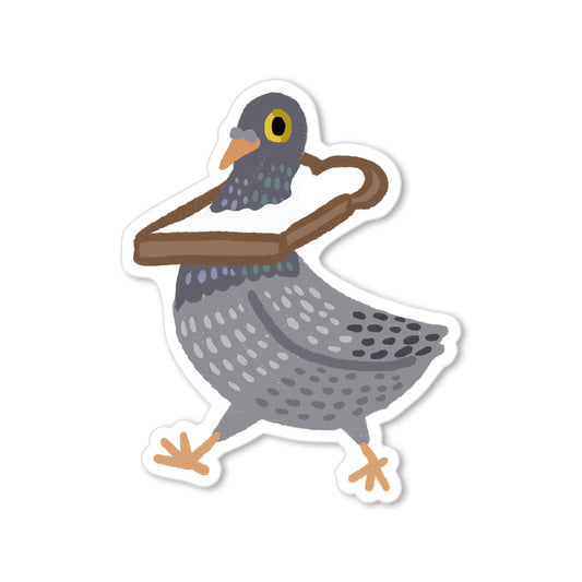 Illustrated sticker of a pigeon wearing a bread necklace, playful and humorous urban bird art.