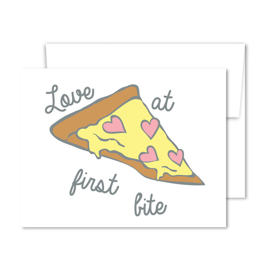 Illustrated slice of pizza with melting cheese and pink hearts, reading “Love at first bite,” playful romantic greeting card.