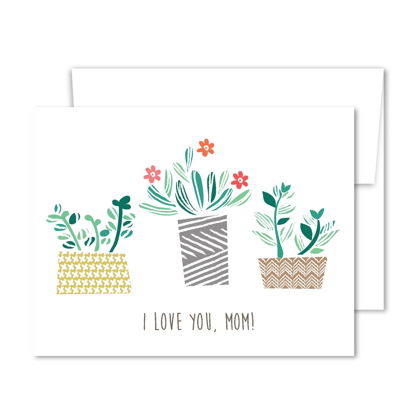Whimsical illustrated Mother’s Day card with three patterned potted plants, flowers, and the message “I Love You, Mom!”