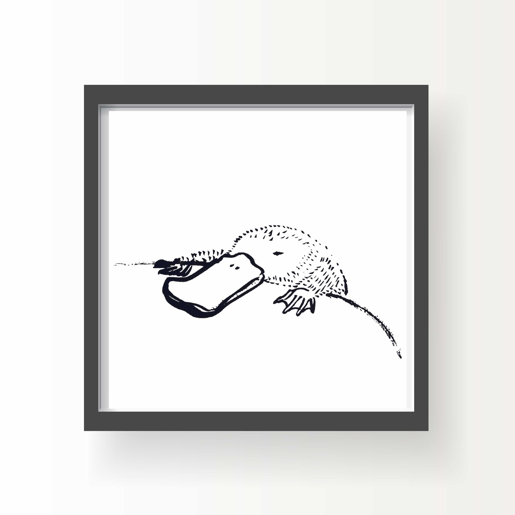 Black ink illustration of a platypus resting on a curve of riverbank, eyes closed, drawn with soft, minimal linework on a white background.