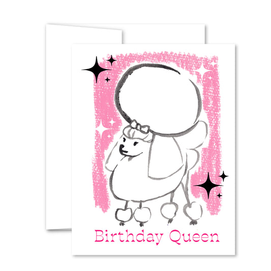 Illustrated poodle with bow, pink glitter-like frame and stars, “Birthday Queen” birthday greeting card
