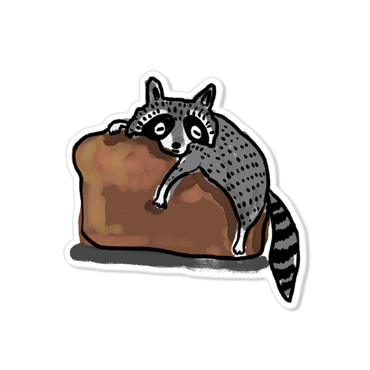 Raccoon bread sticker with raccoon hugging a loaf, hand-drawn funny animal illustration
