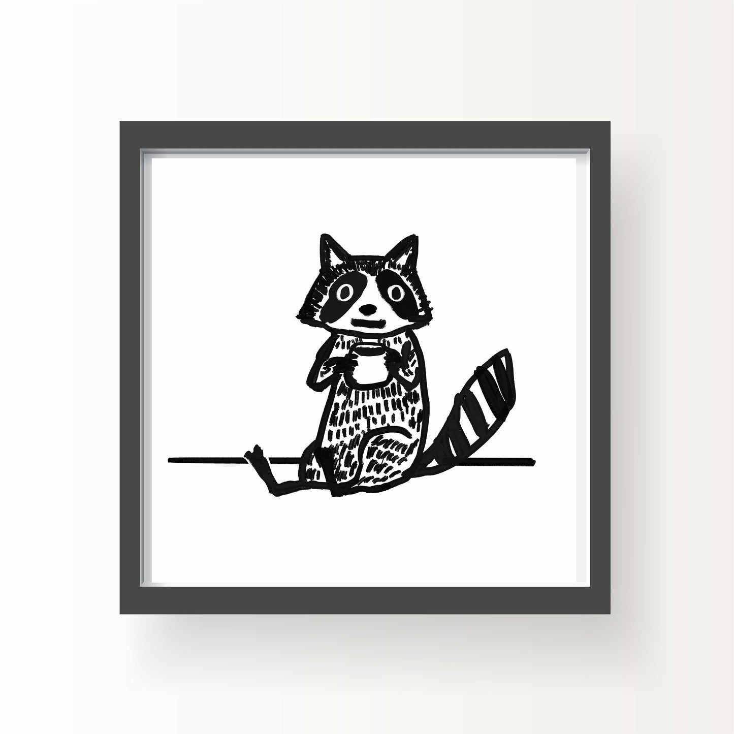 Black and white illustration of a raccoon sitting with a cup of coffee, 8x8 art print by Miss Johnny Squirrel